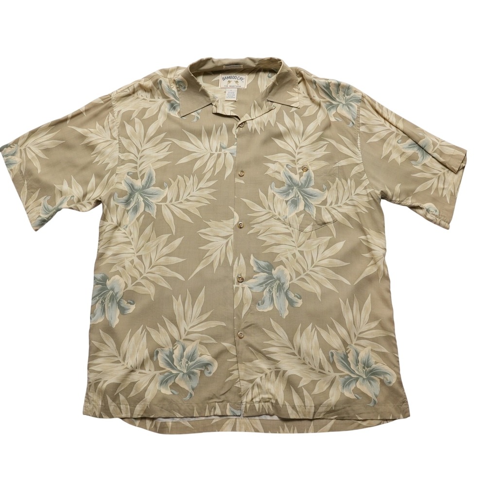 Bamboo Cay Hawaiian‎ Shirt Mens Large Tan Tropical Floral Rayon Resort
